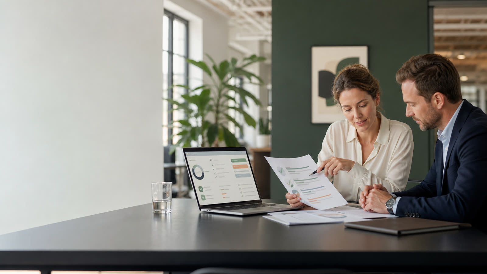 Twee professionals beoordelen een opdracht en een compliance-dashboard